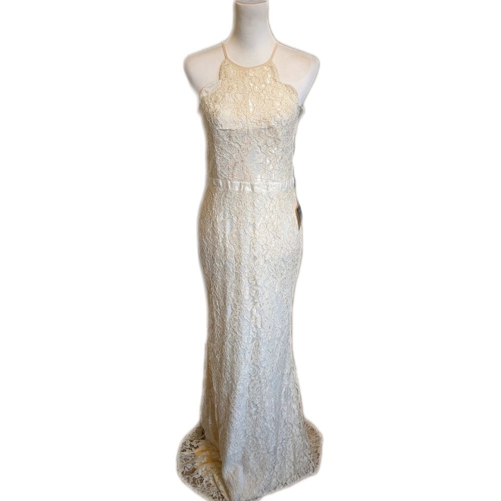 Lulu's Zenith cream lace maxi dress, lined, back zipper, criss cross straps L